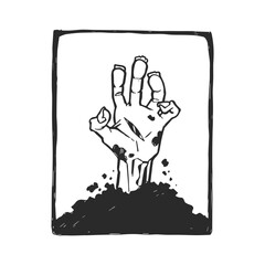 Vector hand-drawn illustration with the zombie hand bursting out of the grave. Stamp with Halloween symbol.