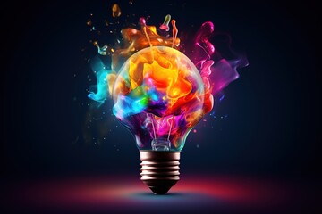 An abstract light bulb exploding with full colors. Ai generative.