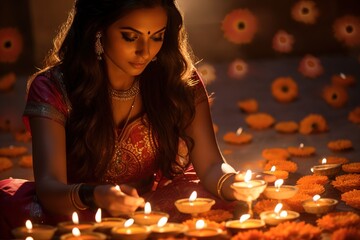 A beautiful Indian woman lights candles during Diwali. Ai generative.