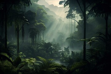 Illustration of misty tropical rainforest with dim lighting and somber atmosphere. Generative AI - obrazy, fototapety, plakaty