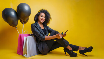 Beautiful young woman with shopping bags and balloons sitting with card and cell phone in hands, on yellow background. Black Friday