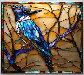Belted Kingfisher bird, abstract painting in stained glass style