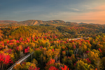 Aerial view of winding river in Laurentian mountains, Quebec, Canada during the fall foliage - obrazy, fototapety, plakaty