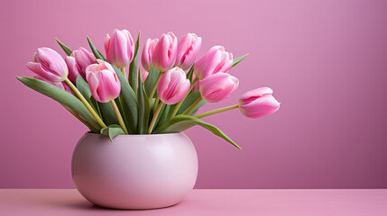Beautiful bouquet of pink tulips in a round vase on a table against a pink background photo realism
