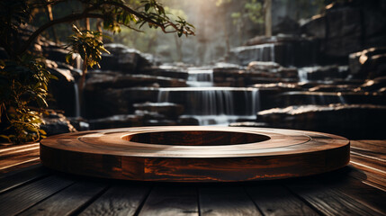 blurred waterfall background small empty circle wooden podium on the left.generative ai
