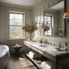Stylish residential bathroom with beautiful cabinetry and fixtures