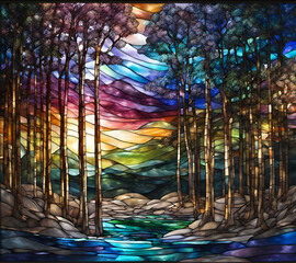 Rainbow colored forest landscape, abstract painting in stained glass style