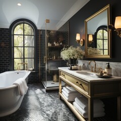 Stylish residential bathroom with beautiful cabinetry and fixtures