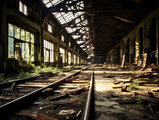 Desolate rural train station with no signs of life, abandoned and forgotten by the world.