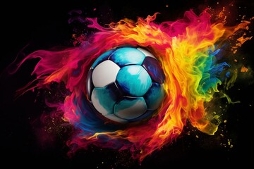 A vibrant explosion of rainbow colors from a soccer ball on a dark background, representing LGBTQ inclusion in sports. Generative AI
