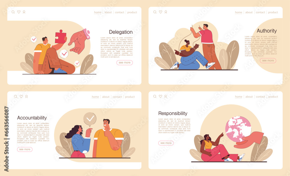 Poster delegation web banner or landing page set. task assignment and control