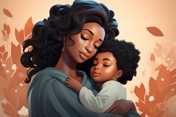 African american mother with her daughter, Illustration in brown tones, AI Generated