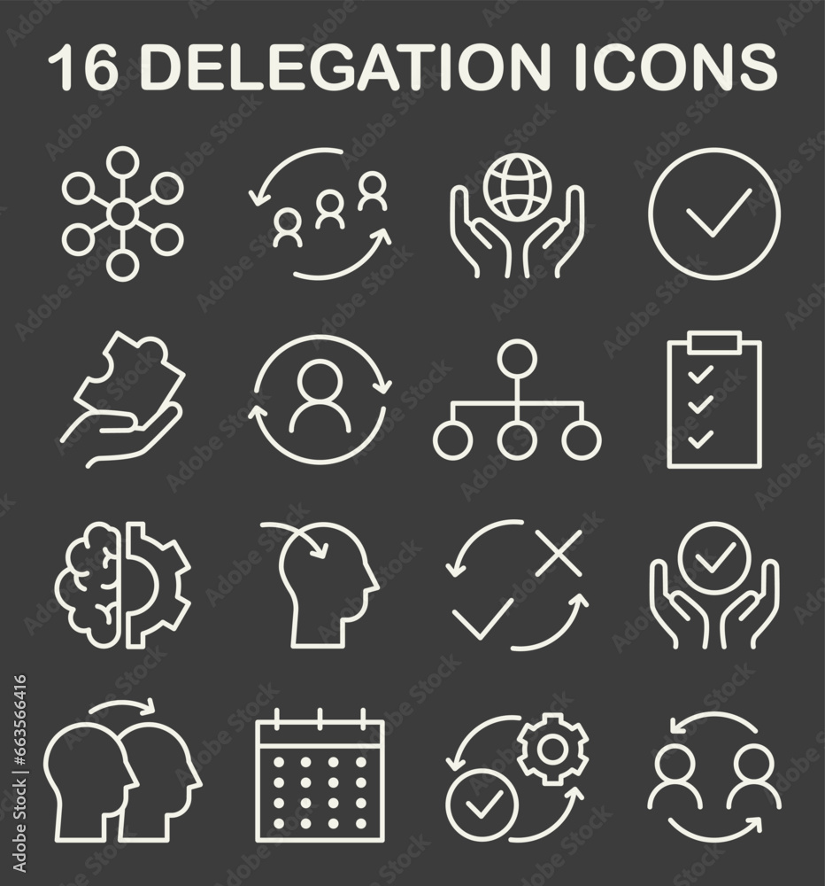Poster delegation icon set. task assignment and control. leadership symbol