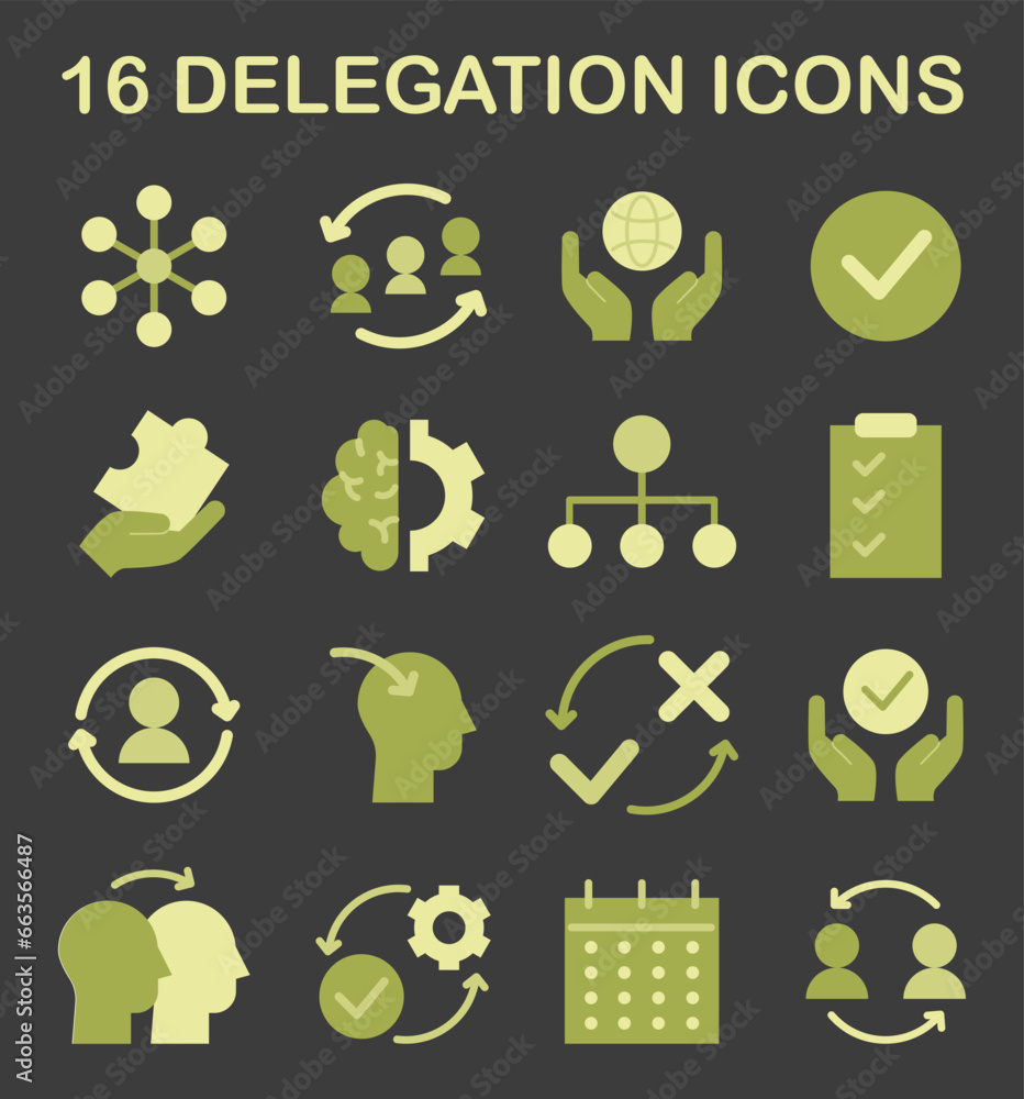 Poster delegation icon set. task assignment and control. leadership symbol
