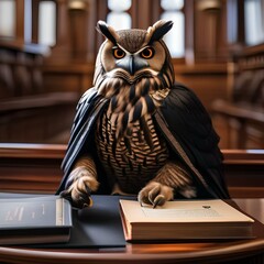 A wise old owl in a judge's robe, presiding over a courtroom with a tiny gavel5
