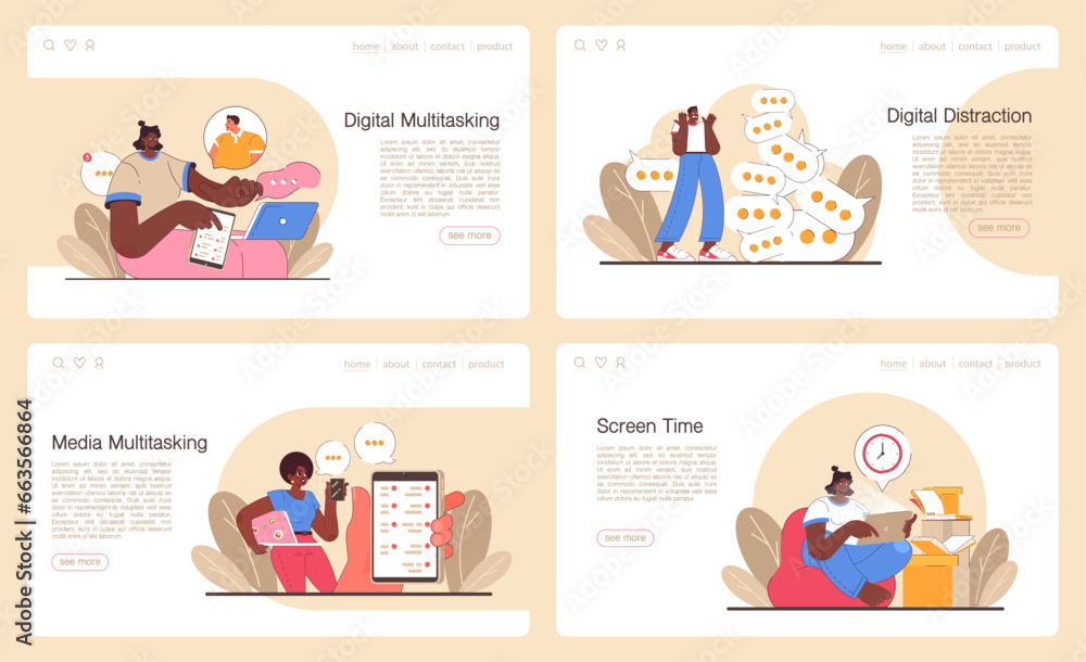 Aufkleber digital multitasking web banner or landing page set. effective