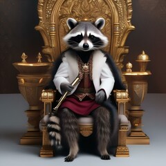 A royal raccoon in regal attire, sitting on a throne with a scepter in hand3