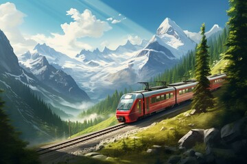 Contemporary express train in the mountains. Generative AI