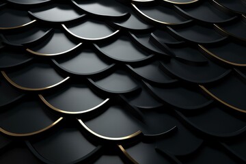 Imagery of a shiny fish scale-like wall with polished tiles and futuristic blocks in black. 3D rendered tile wallpaper. Generative AI - obrazy, fototapety, plakaty