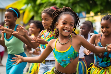 Children learning traditional Bajan dance at a cultural festival   