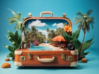 Open travel suitcase with exotic destination - obrazy, fototapety, plakaty