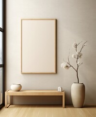 Large blank square poster mockup on living room wall, modern minimalist interior design style, cozy decoration, vase with wood and table