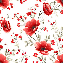 Seamless pattern red flowers and leaves swirling on a white background ,water color,