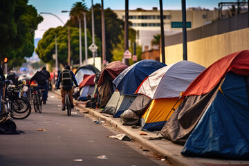 Homeless tents forming camps in the city center. Ai generative. - obrazy, fototapety, plakaty
