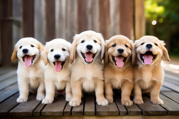 Little cute puppies lined up in a row. Ai generative - obrazy, fototapety, plakaty