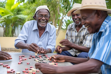 Elderly Bajan men engaged in a lively game of dominoes  