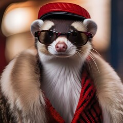A fashionable ferret in a fur coat and sunglasses, strutting down a red carpet4
