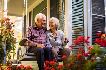 Elderly couple sitting on a porch swing in the south  