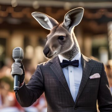 A dapper kangaroo in a three-piece suit, confidently holding a microphone on stage4