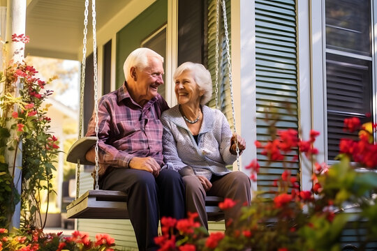 Elderly couple sitting on a porch swing in the south