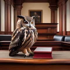 A wise old owl in a judge's robe, presiding over a courtroom with a tiny gavel4