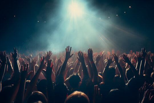 Euphoric concert crowd with hands up in the air 