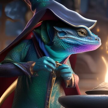 A wizard lizard in a wizard's robe, casting a spell with a magic wand3