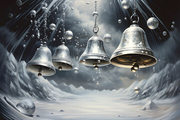 Floating silver bells against a snowy whirling vortex  - obrazy, fototapety, plakaty
