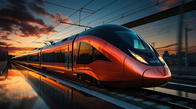 A super fast, modern train is standing at the railway station. Ai generative
