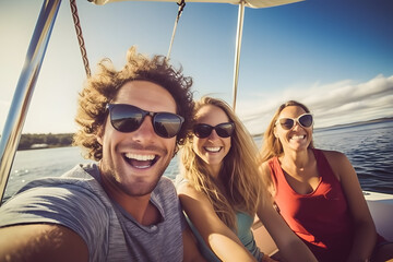 Group of friends enjoying a catamaran cruise along the west coast   