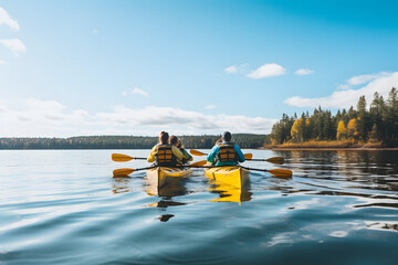 Group of friends kayaking on a calm northern lake 