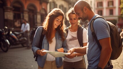 A group of mountain tourists looks at a map of the city. Ai generative