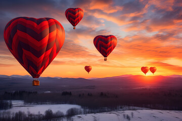 Fototapeta premium Heart-shaped hot air balloons ascending in dawn light 