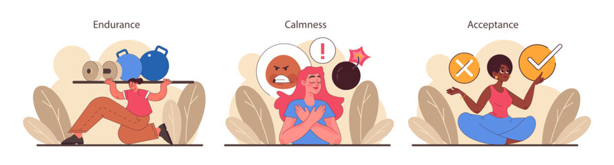 Patience set. Calm person meditating and finding balance. Mental or emotional