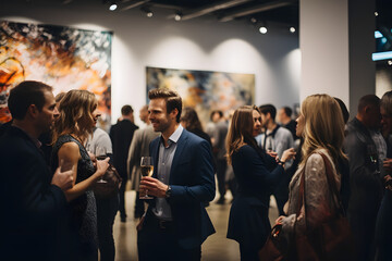  Crowds mingling at a nighttime art gallery opening  - obrazy, fototapety, plakaty