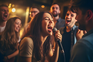  Group of friends singing passionately at a karaoke bar 