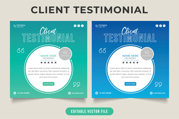 Naklejka premium Customer service feedback testimonial layout vector with green and blue colors. Client experience comments and quotes template with photo placeholders. Business client review testimonial design.