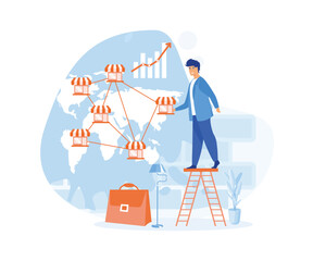 Businessman hand put franchise store on world map, Franchise business concept. flat vector modern illustration