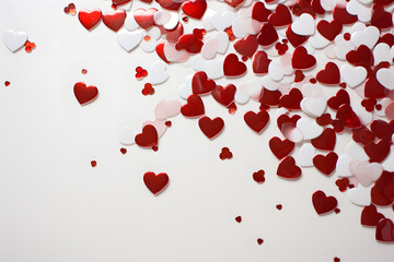 Scattered ruby heart confetti on a glossy white base 