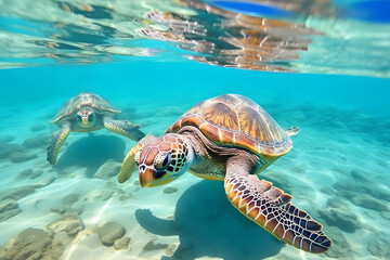 sea turtles in the crystal-clear waters  
